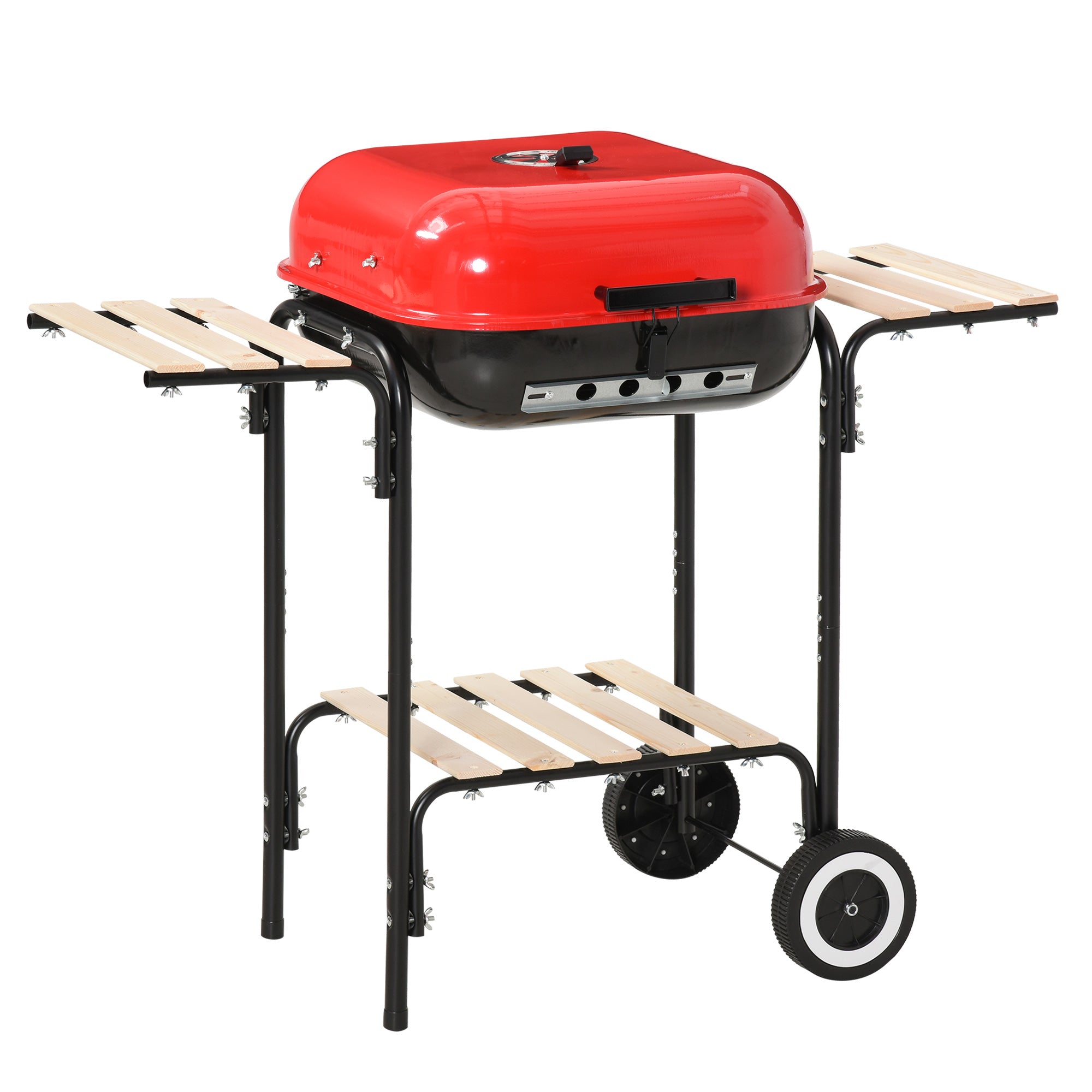 EASYCOMFORT BBQ Grill Houtskoolbarbecue met Luchtinlaat Zijplanken Deksel en 2 Stalen Wielen 98 x 49 x 81 cm Zwart en Rood