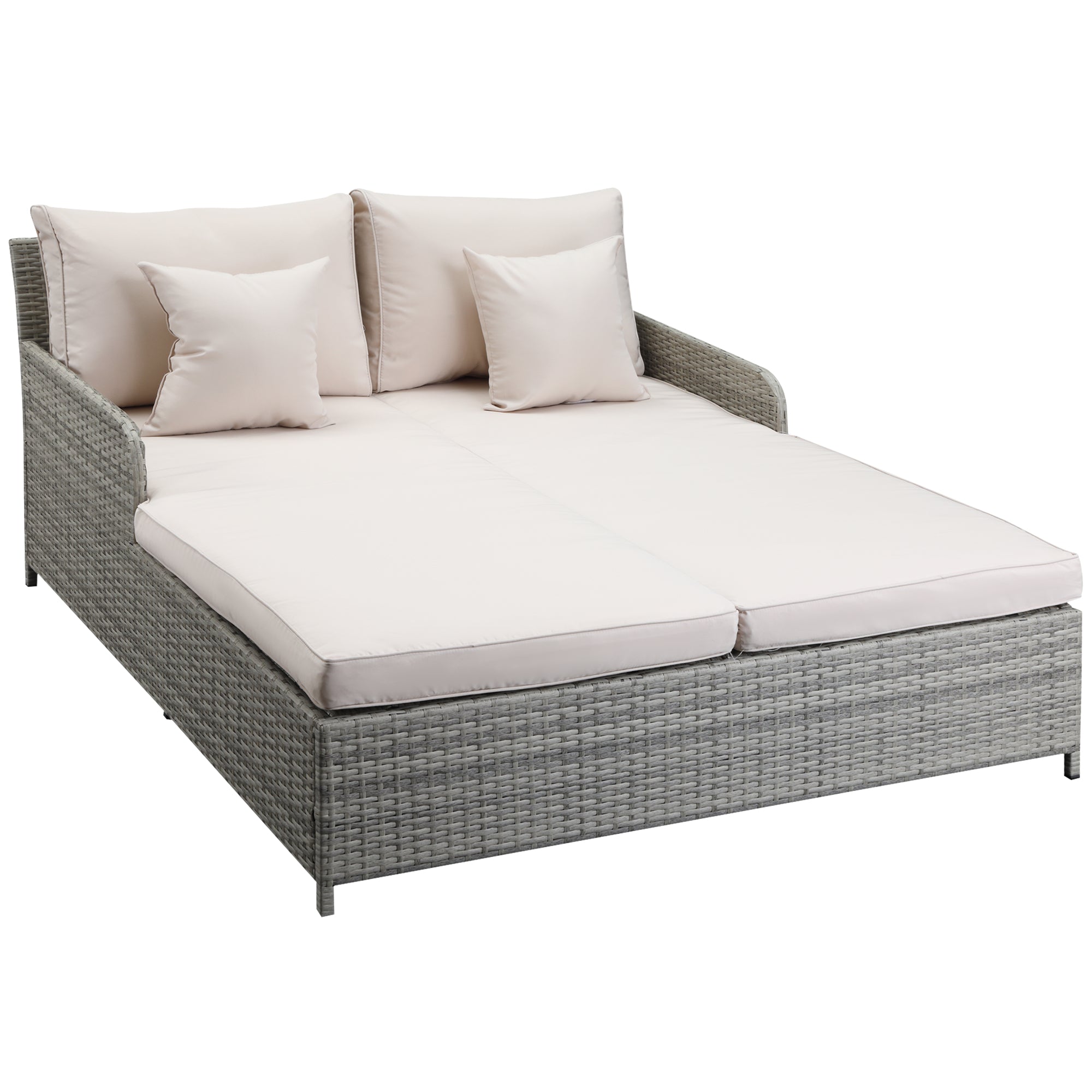 EASYCOMFORT Ligbed Tuinligstoel 2-zits in PE Rattan, Stalen Structuur met Armleuningen en Gevoerde Kussens, 158x134x70cm, Grijs