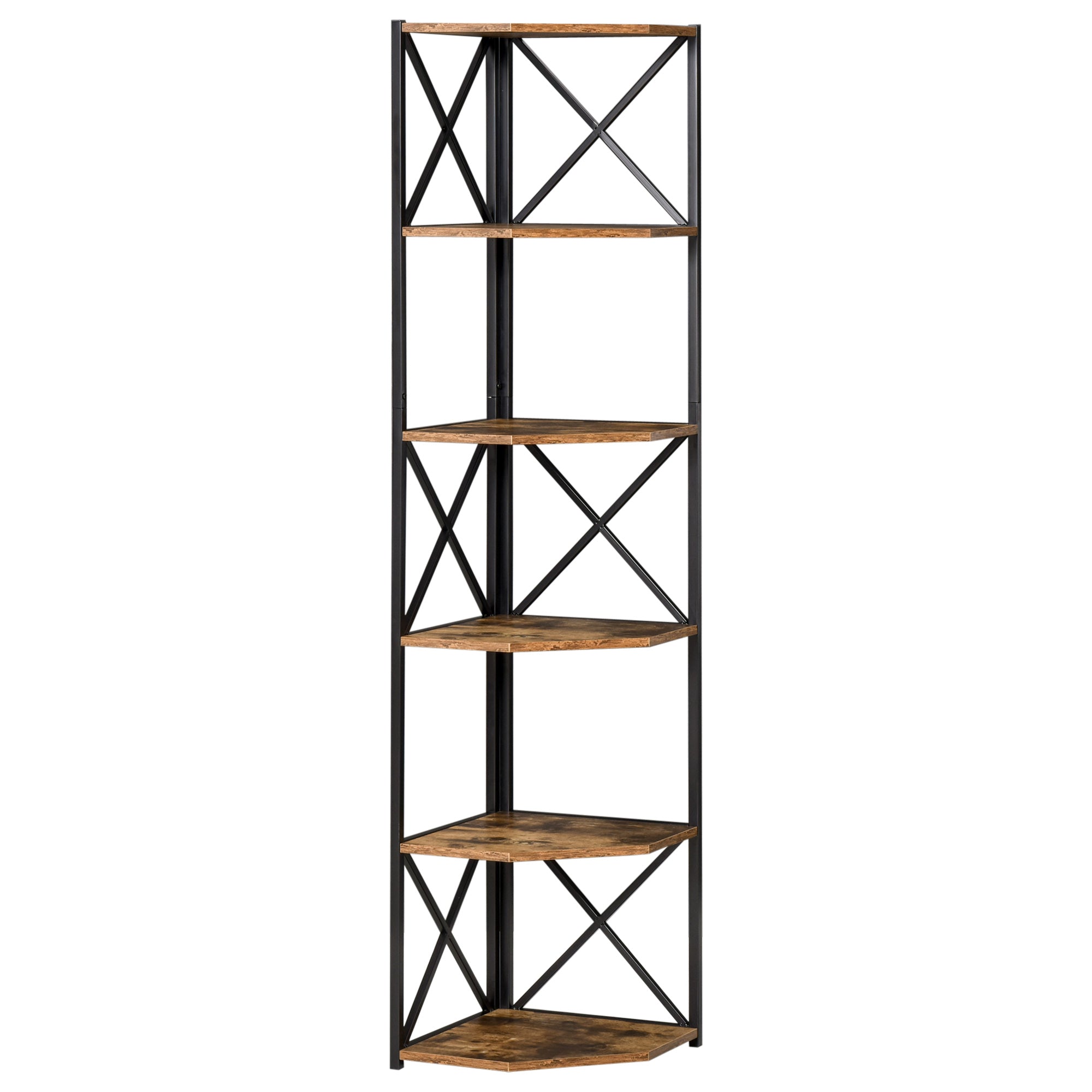 Easycomfort Wand Hoekbibliotheek, Industriële Stijl Kist in Hout en Metaal met 5 Ribben, 39x39x175cm, Rustico Bruin