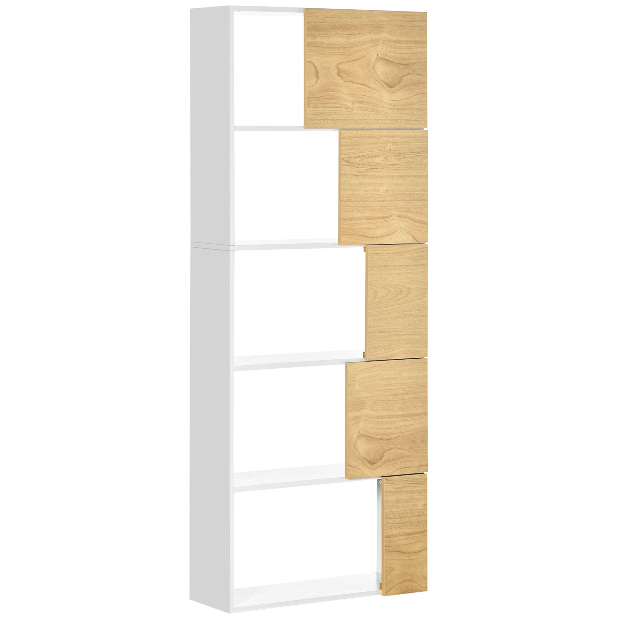 Easycomfort Moderne bibliotheek met asymmetrische en zacht gesloten fronten, 63x22x166cm, Wit en Naturel