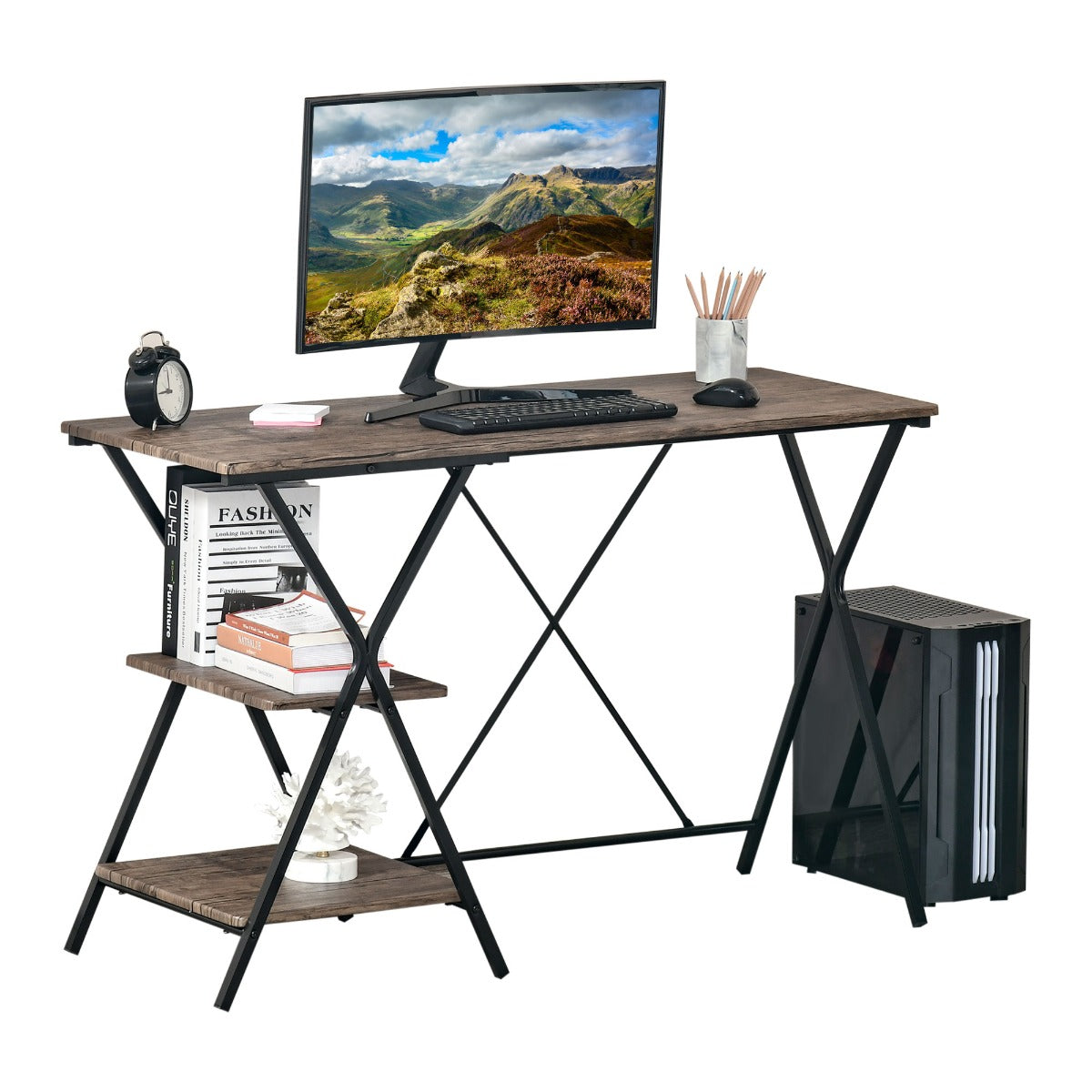 Easycomfort Bureau met kantoormeubilair, Bureau deur-pc in industriële stijl, Bureau voor computer in hout, bruin, 120x48x78cm
