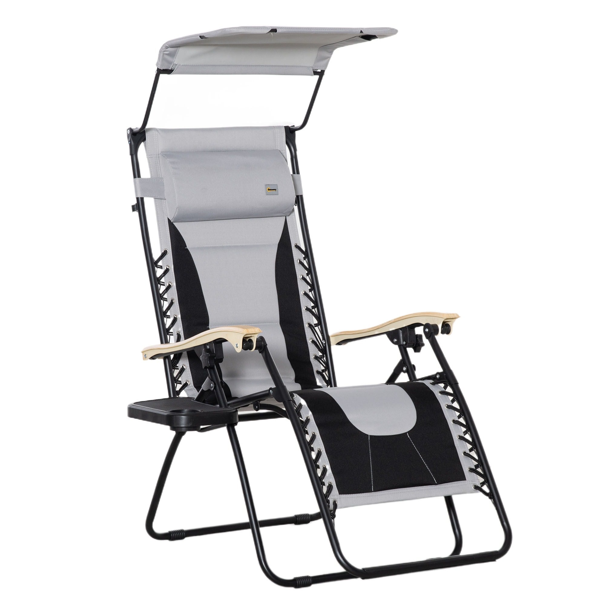 EASYCOMFORT Zero Gravity opvouwbare en verstelbare tuinligstoel met luifel, hoofdsteun en glashouder, lichtgrijs
