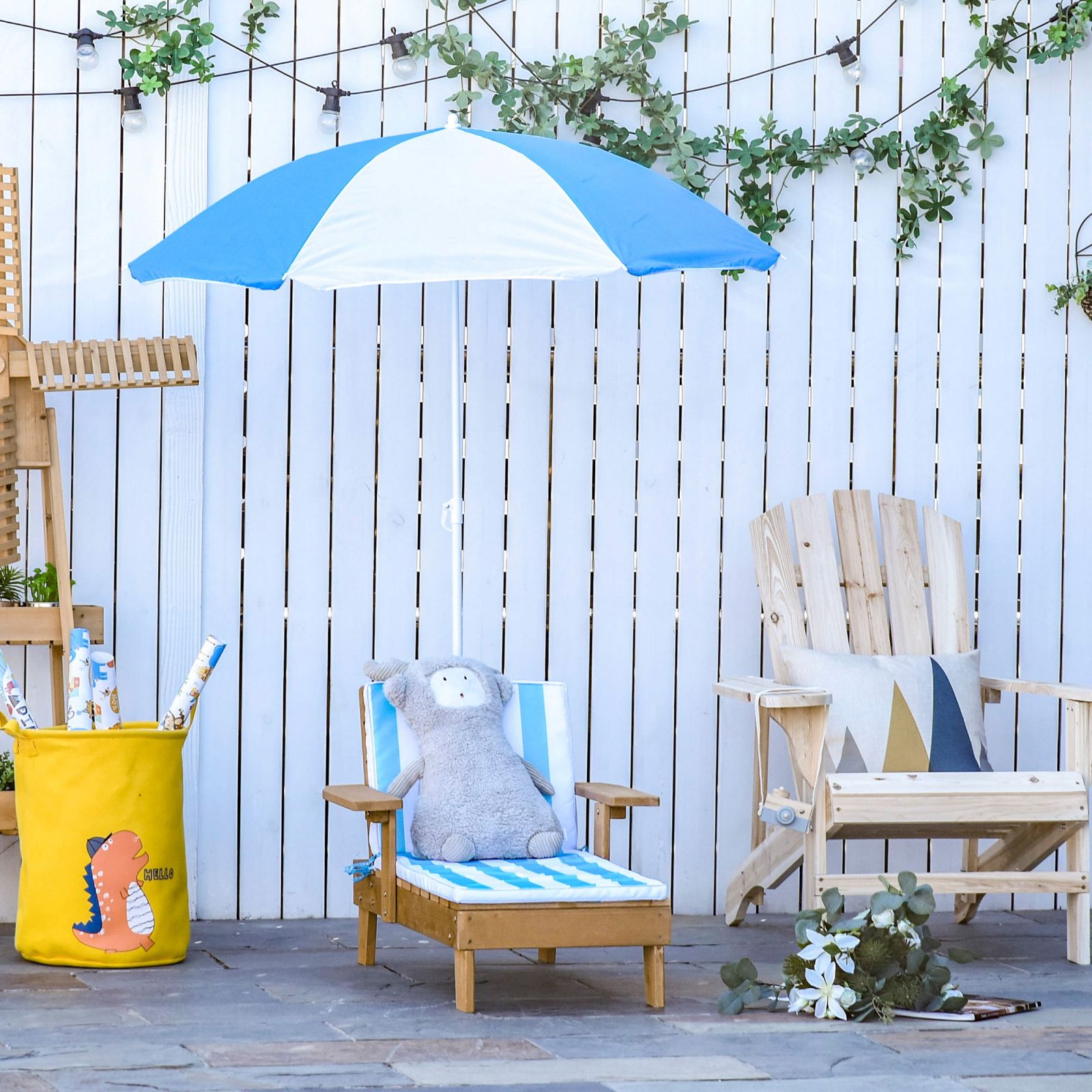EASYCOMFORT Kinderstrandligstoelset met parasol, zeeligstoel voor kinderen van 3-7 jaar, wit en blauw, 90 cm x 59 cm x 53 cm