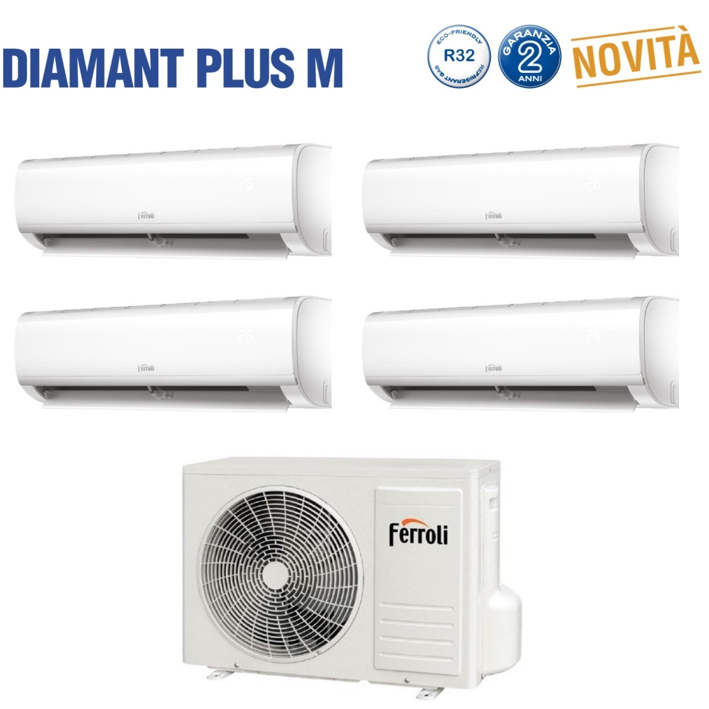 Ferroli Quadri Split Inverter Airconditioner DIAMANT PLUS Serie M 7+9+9+9+9 met 28-4 R-32 Geïntegreerde Wi-Fi 7000+9000+9000 - Nieuw