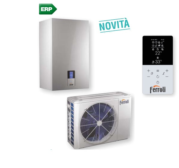 Ferroli Omnia S Hybrid C 6 kW lucht/water hybride warmtepomp voor split-installatie met directe warmwaterproductie, regeling inbegrepen op de machine