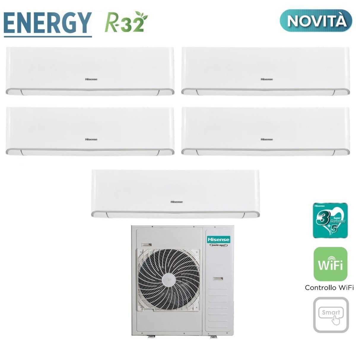 Airconditioner Hisense Penta Split Inverter Serie ENERGY 9+9+9+12+12 met 5AMW125U4RTA R-32 Wi-Fi Geïntegreerd 9000+9000+12000+12000 - Nieuws