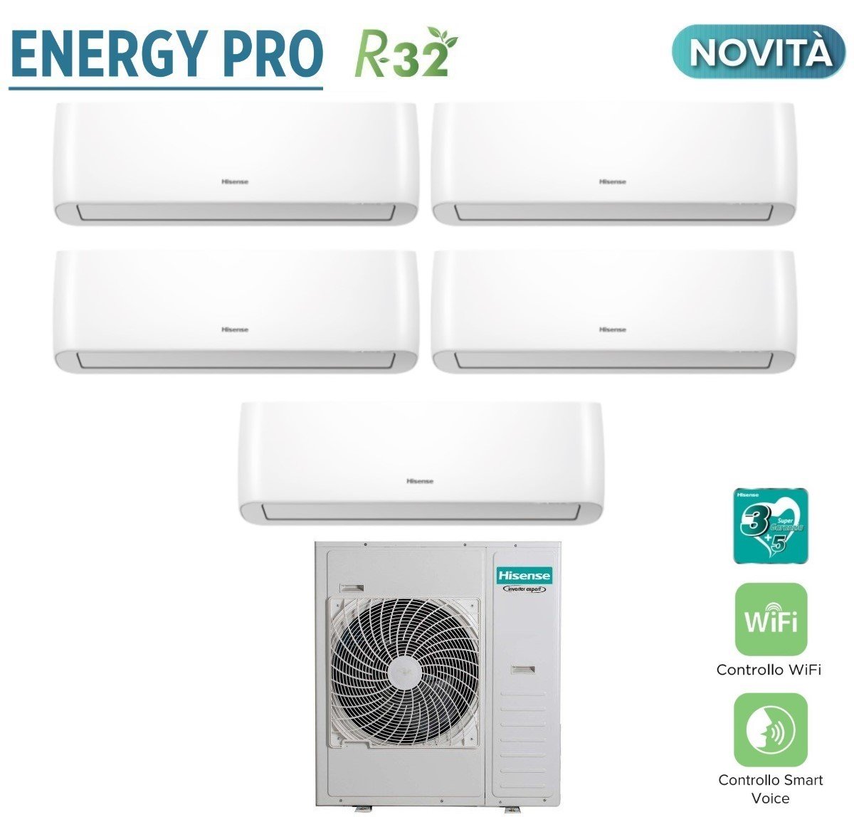 Hisense Penta Split Inverter Airconditioner ENERGY PRO serie 9+9+12+12+12 met 5AMW125U4RTA R-32 Geïntegreerde Wi-Fi 9000+9000+12000+12000+12000 - Nieuw