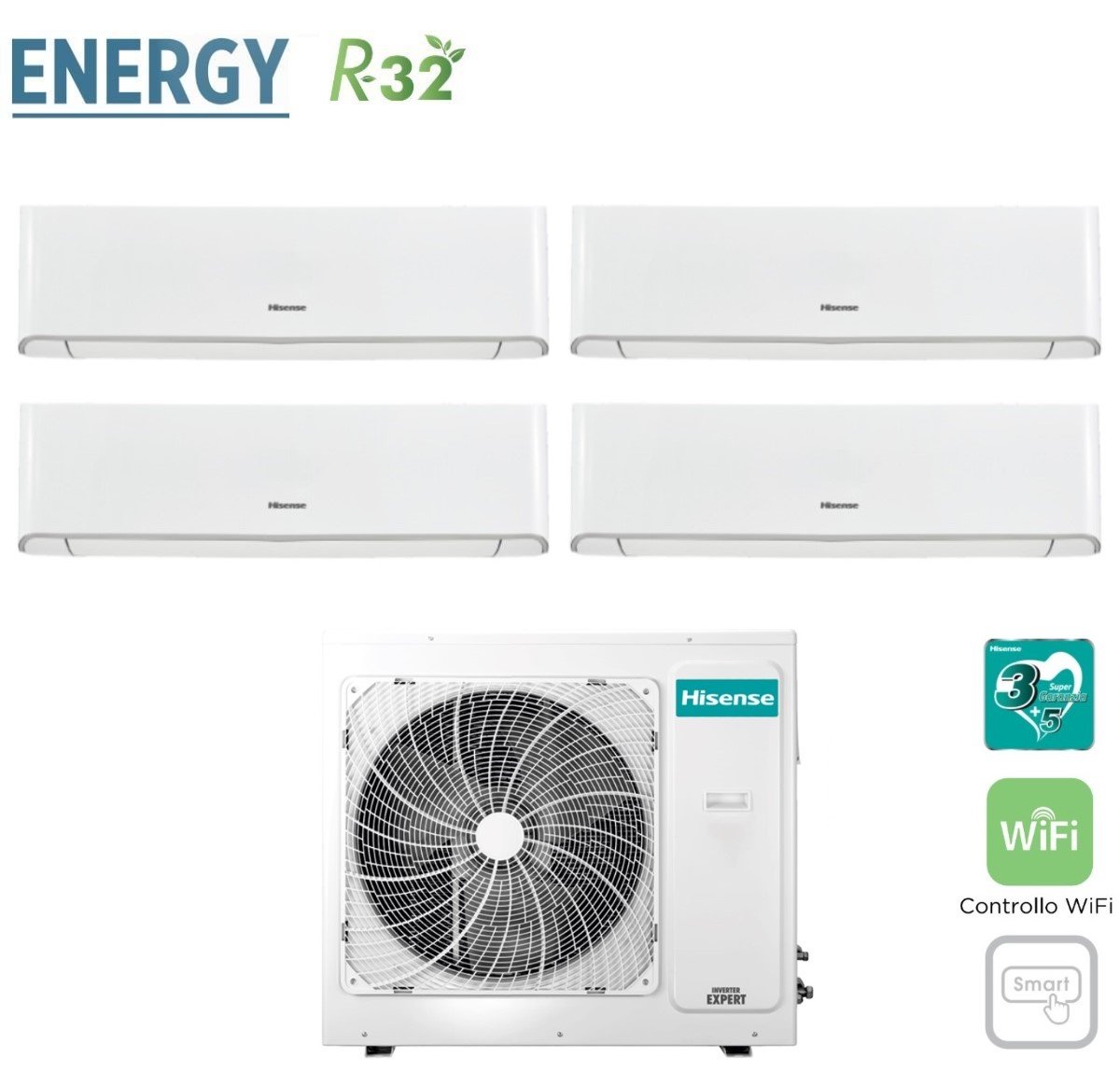 Hisense Airconditioner Split Inverter Panelen ENERGY-serie 9+9+12+12 met 4AMW105U4RAA R-32 Geïntegreerde Wi-Fi 9000+9000+12000+12000