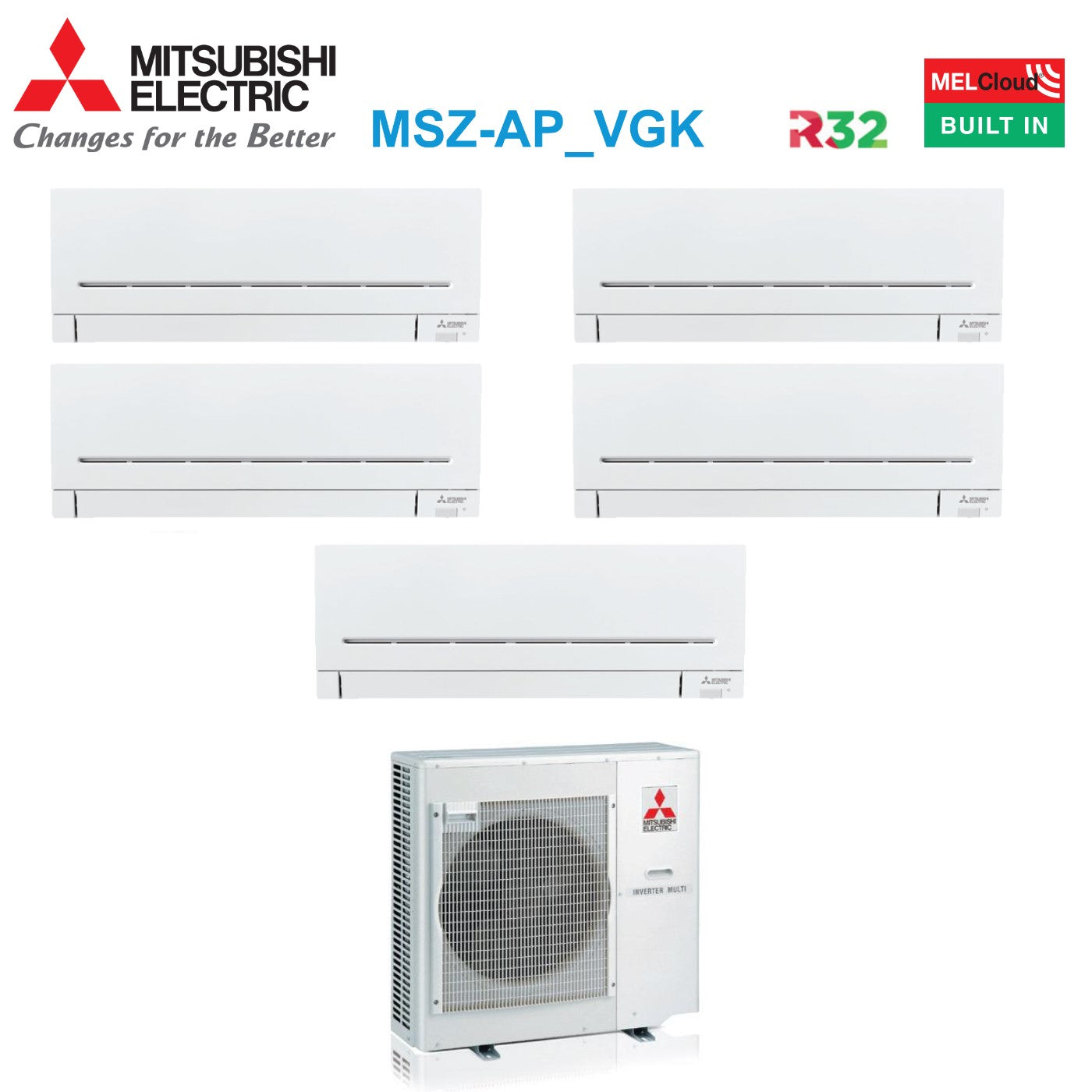 Mitsubishi Electric Penta Split Inverter Airconditioner AP-VGK Serie 7+7+9+9+9 met MXZ-5F102VF R-32 Geïntegreerde Wi-Fi 7000+7000+9000+9000