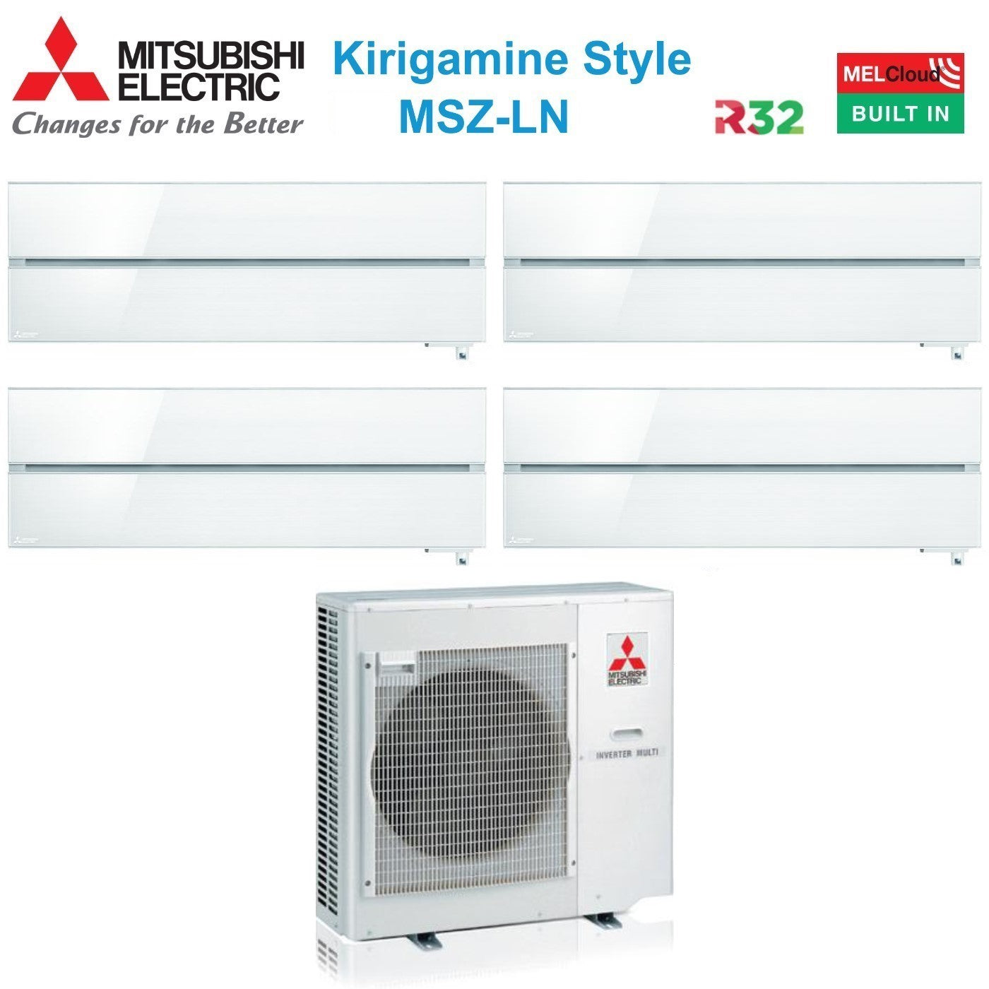Mitsubishi Electric Airconditioner Split Inverter Panelen Kirigamine Stijl serie MSZ-LN 9+9+12+12 met MXZ-4F80VF Parelwit R-32 Geïntegreerde Wi-Fi Parelwit Kleur 9000+9000+12000+12000