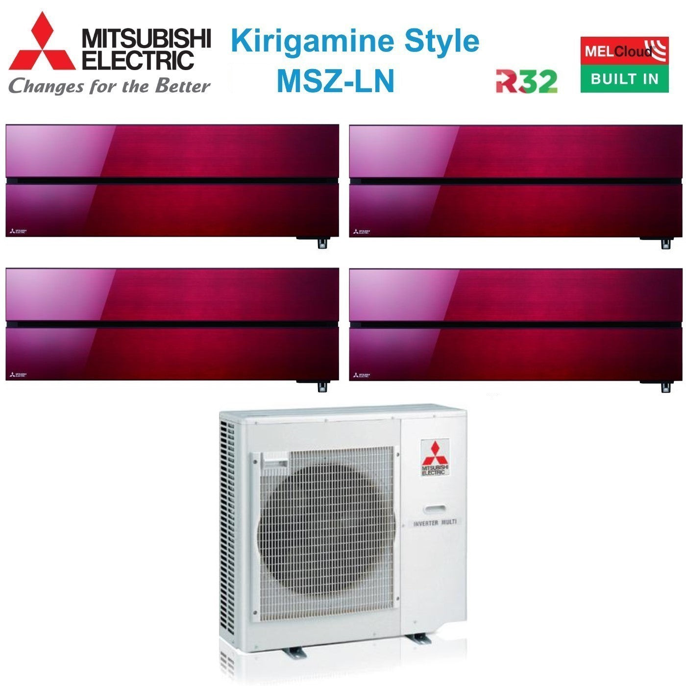 Airconditioner Mitsubishi Electric Quaders Split Inverter Serie Kirigamine Stijl MSZ-LN 9+9+9+9 met MXZ-4F72VF Robijnrood R-32 Wi-Fi Geïntegreerd Kleur Rood 9000+9000+9000+9000