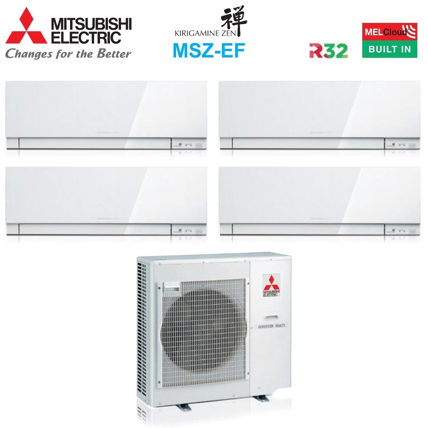 Mitsubishi Electric Airconditioner Split Inverter Panelen KIRIGAMINE ZEN WHITE serie MSZ-EF 7+7+12+18 met MXZ-4F80VF R-32 Geïntegreerde Wi-Fi Witte Kleur 7000+7000+12000+18000