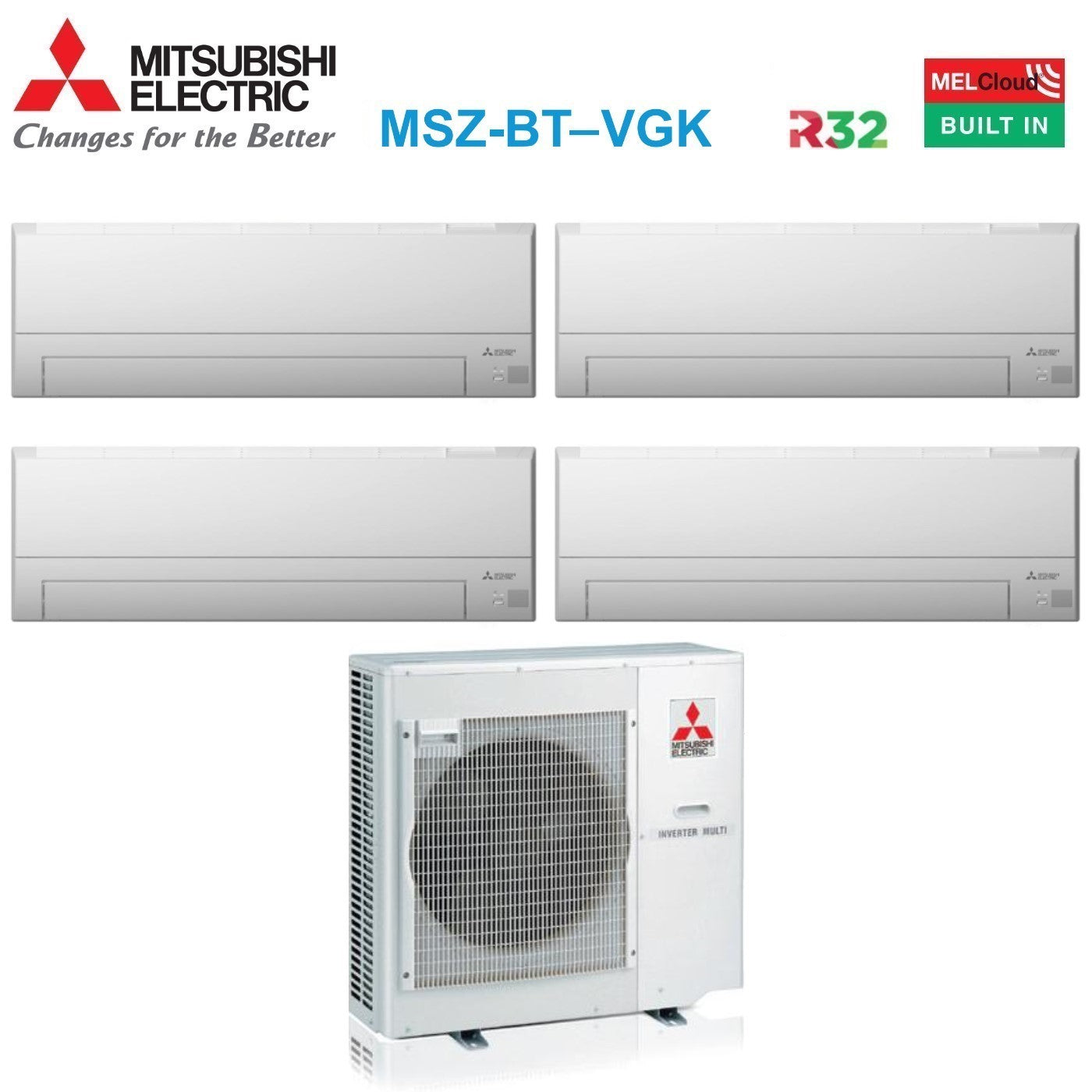 Mitsubishi Electric Airconditioner Split Inverter Panelen MSZ-BT serie 7+7+9+12 met MXZ-4F72VF R-32 Wi-Fi 7000+7000+9000+12000