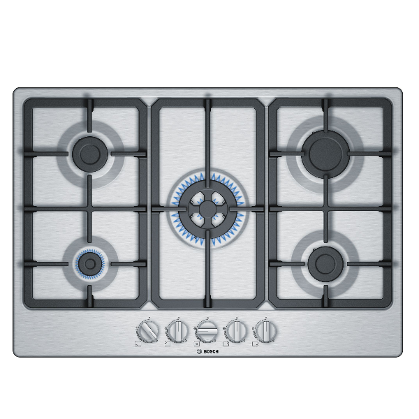Kookpiano op gas Bosch Serie 4 PGQ7B5B90 5 Fools (L75xP52) roestvrij staal