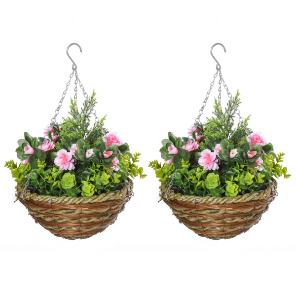 EASYCOMFORT Set van 2 nep Lisianthus planten om op te hangen voor binnen en buiten met rieten pot en kettingen, ?25x34cm, roze en groen