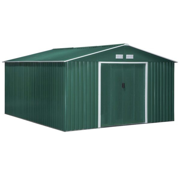 EASYCOMFORT Tuinhuis met 2 schuifdeuren en 4 luchtinlaten in staal en PP, 340x386x200cm, Groen