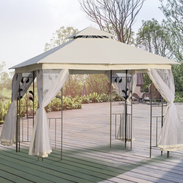 EASYCOMFORT Tuinprieel 3x3m met klamboe, stalen frame en dubbel dak, wit