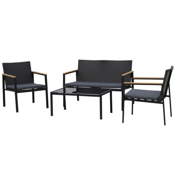 Easycomfort Set 4-delige buitenloungeset met 2 stoelen, bank en tafel, tuinmeubilair in rotan en staal, zwart