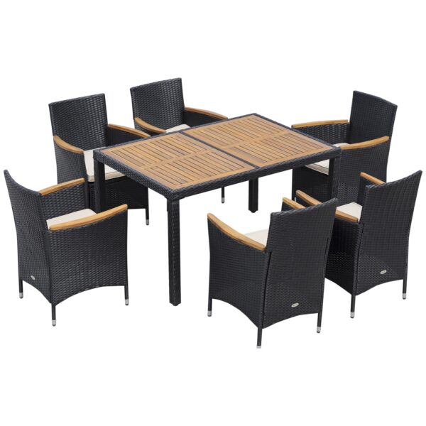 Easycomfort Set Tafel en Tuinstoel 7-delig in PE Rotan en Hout met Zachte Kussens, Zwart