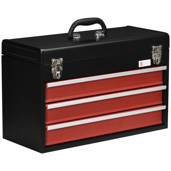 EASYCOMFORT Stalen gereedschapskist met 3 laden en bovenbak, 51x22x32 cm, rood en zwart