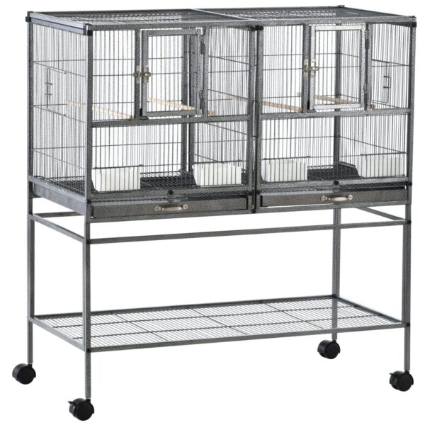 EASYCOMFORT Dubbele metalen vogelkooi met uit draagbare laden, standaard met 4 wielen en plank, 95x45,5x102cm, grijs