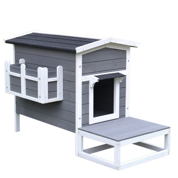 EASYCOMFORT Verhoogde kattenkennel met klein balkon en waterdicht dak voor houten tuin 115x66,5x74,7cm Grijs