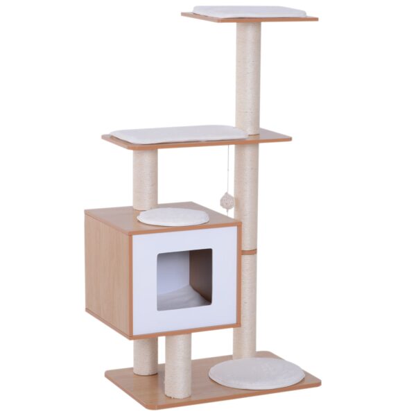 EASYCOMFORT Kattenkrabpaal Hoogte 120cm met Kennel, Platforms en Sisalspellen, MDF 71,5x49,5x120cm hout, wit