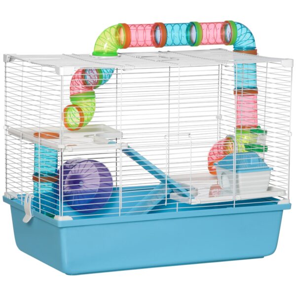EASYCOMFORT 3-laags hamsterkooi met buizen, huis, watertank en wiel, 59x36x47 cm