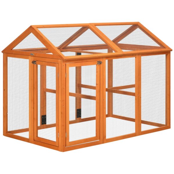 Easycomfort Houten Kippenhok met Meerdere Deuren en Metalen Haan, 140x88,5x106cm, Oranje