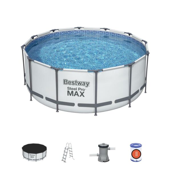 Bovengronds zwembad Bestway 56420 Frame Pool Steel Pro ø (366x122h) Afdekzeil boven + Externe hellingtrap + 10.250 liter filterpomp