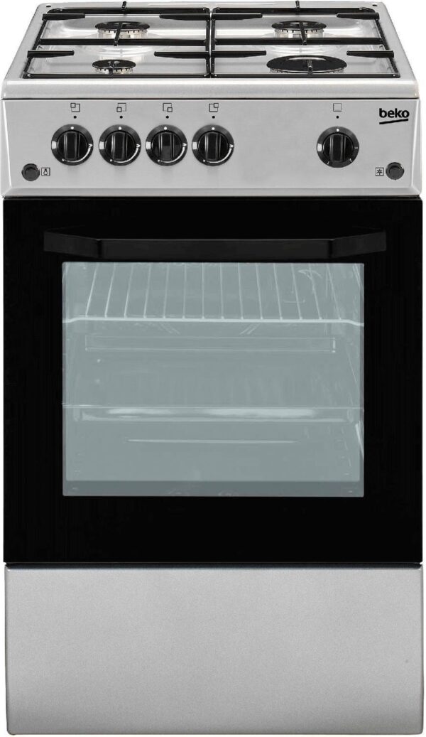 immagine-1-cucina-a-gas-beko-4-fuochi-forno-a-gas-csg42011fs-50×50-argento-con-coperchio