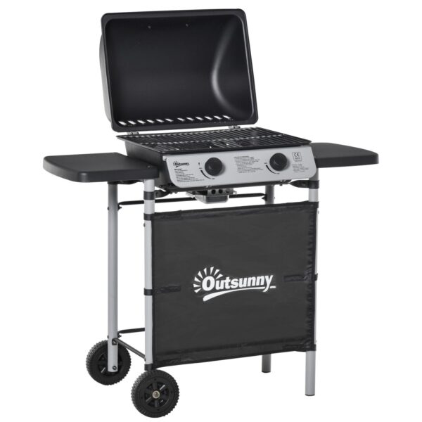 EASYCOMFORT Gasbarbecue met deksel en 2 2,8 kW branders, stalen barbecue met wielen en zwarte planken