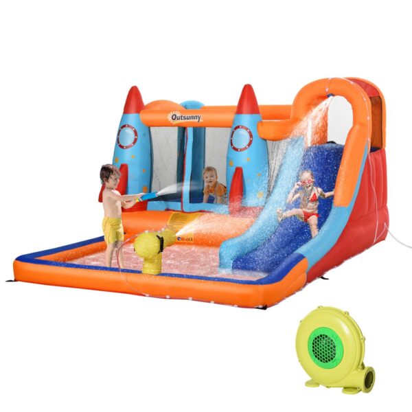 EASYCOMFORT Springkussen voor kinderen Zwembad met glijbaan en trampoline, elektrische pomp, 350x250x185cm, veelkleurig