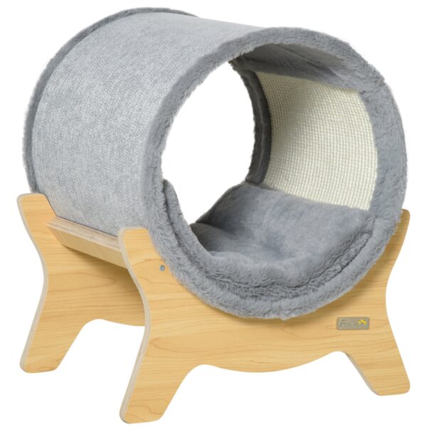EASYCOMFORT Kattenkennel met krabpaal en gevoerd kussen, Tunnelkattenhuis 41x40x47cm, Grijs