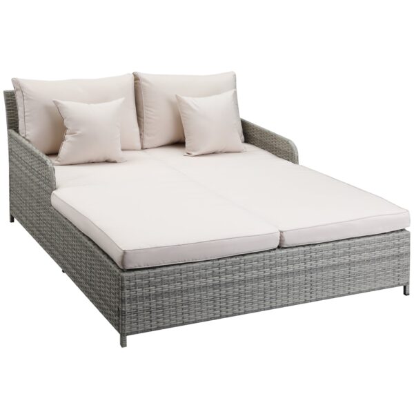 EASYCOMFORT Ligbed Tuinligstoel 2-zits in PE Rattan, Stalen Structuur met Armleuningen en Gevoerde Kussens, 158x134x70cm, Grijs
