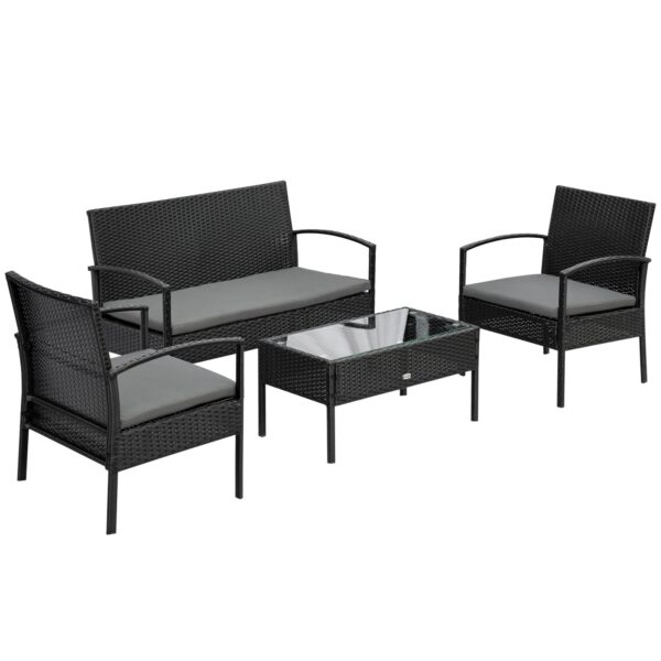 Easycomfort Buitenlounge met 2-zitsbank, 2 stoelen en tafel in rotan PE, zwart en grijs