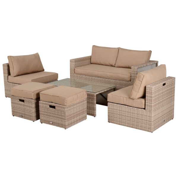 EASYCOMFORT Tuinlounge in PE Rotan 6-delig met bank, 2 fauteuils, 2 poefs en salontafel Kaki en beige