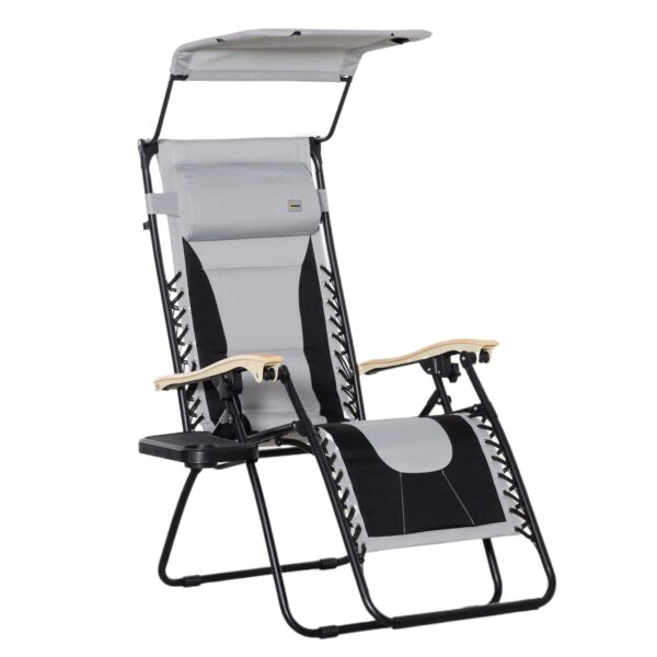 EASYCOMFORT Zero Gravity opvouwbare en verstelbare tuinligstoel met luifel, hoofdsteun en glashouder, lichtgrijs