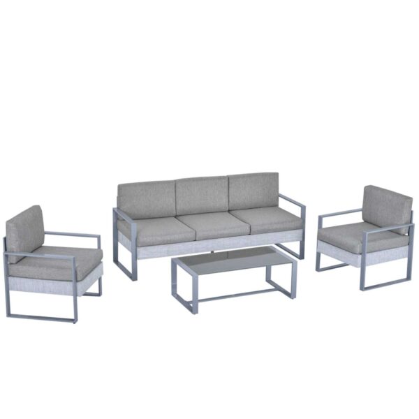 EASYCOMFORT 4-delige tuinmeubelset met 3-zitsbank, 2 fauteuils met kussens en salontafel in aluminium en grijs glas