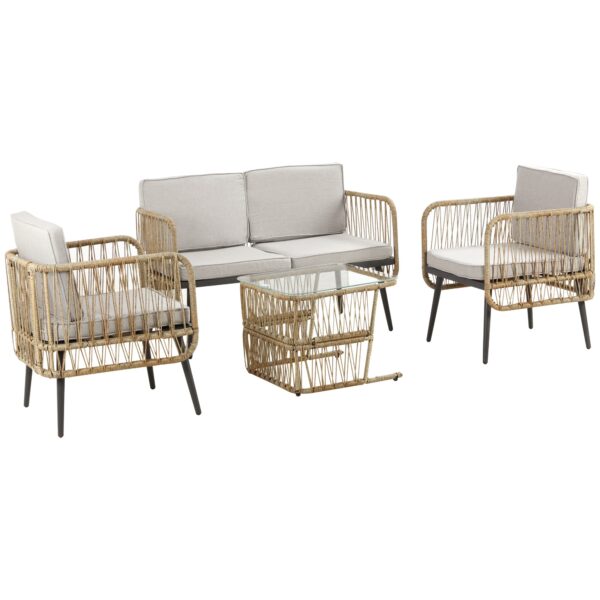 EASYCOMFORT 4-delige set van PE-rotan, 2 stoelen, 2-zitsbank en salontafel van gehard glas