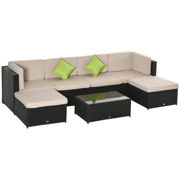 Easycomfort Set van 7 stuks Buitenkamer in Rotan met Stoel Poef Zwart en Beige Tafel