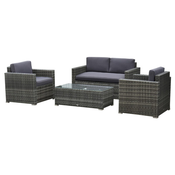 EASYCOMFORT 4-delige tuinset van PE-rotan en staal, met bank, 2 fauteuils en salontafel, grijs