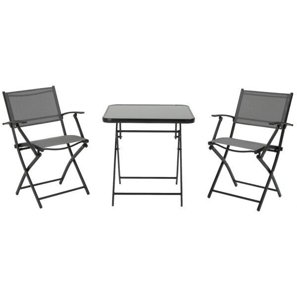EASYCOMFORT Tafelset met 2 opvouwbare tuinstoelen, van gehard glas en metaal, grijs