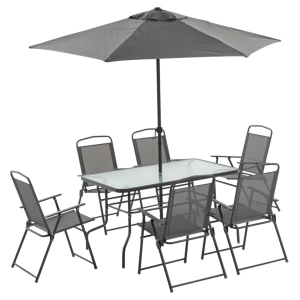EASYCOMFORT Tafelset met 6 klapstoelen en parasol, glazen blad en stoffen stoelen, grijs