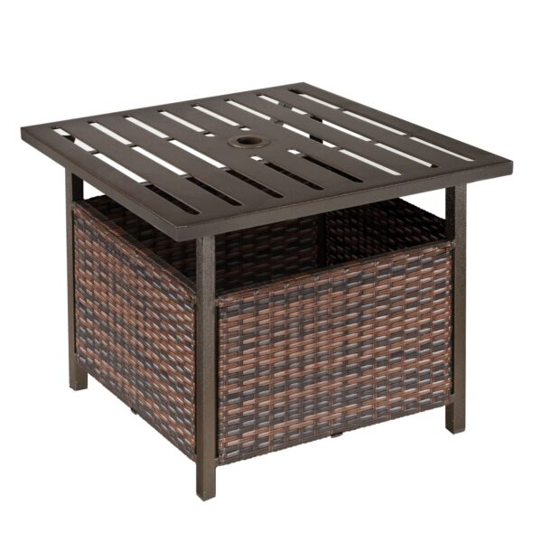 EASYCOMFORT Tuintafel met gat voor parasol en ondermand van PE-rotan en staal, 55,5 x 55,5 x 46 cm Bruin