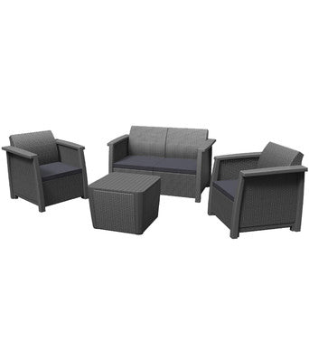 Keter Woonkamerbank + 2 Fauteuils + Antracietkleurige 'Freemont' Salontafel met Kussens