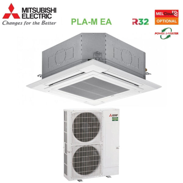 Mitsubishi Electric Airconditioner 90x90 4-weg omvormercassette 48000 Btu PLA-M140EA + PUZ-ZM140VKA Enkele fase R-32 Wi-Fi optioneel met rooster inbegrepen