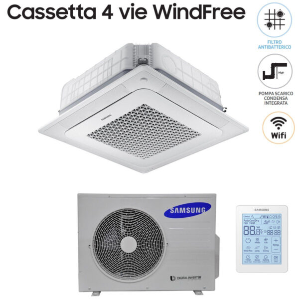 Samsung Inverter Airconditioner Cassette 4-weg WindFree 36000 btu AC100NN4DKH Enkele fase met draadloze afstandsbediening en paneel inbegrepen