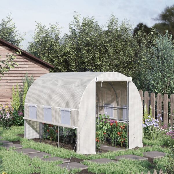 EASYCOMFORT Moestuinkas 3x2x2m met stalen en PE-verhogende, deuren met ritsen en gaasramen, wit
