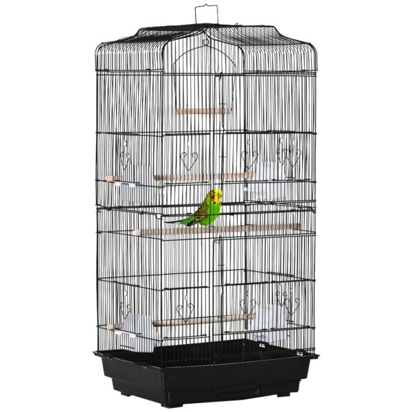 EASYCOMFORT Vogelkooi van metaal en kunststof met zitstokken, schommel en voerbakken, 46,5x35,5x92 cm, zwart